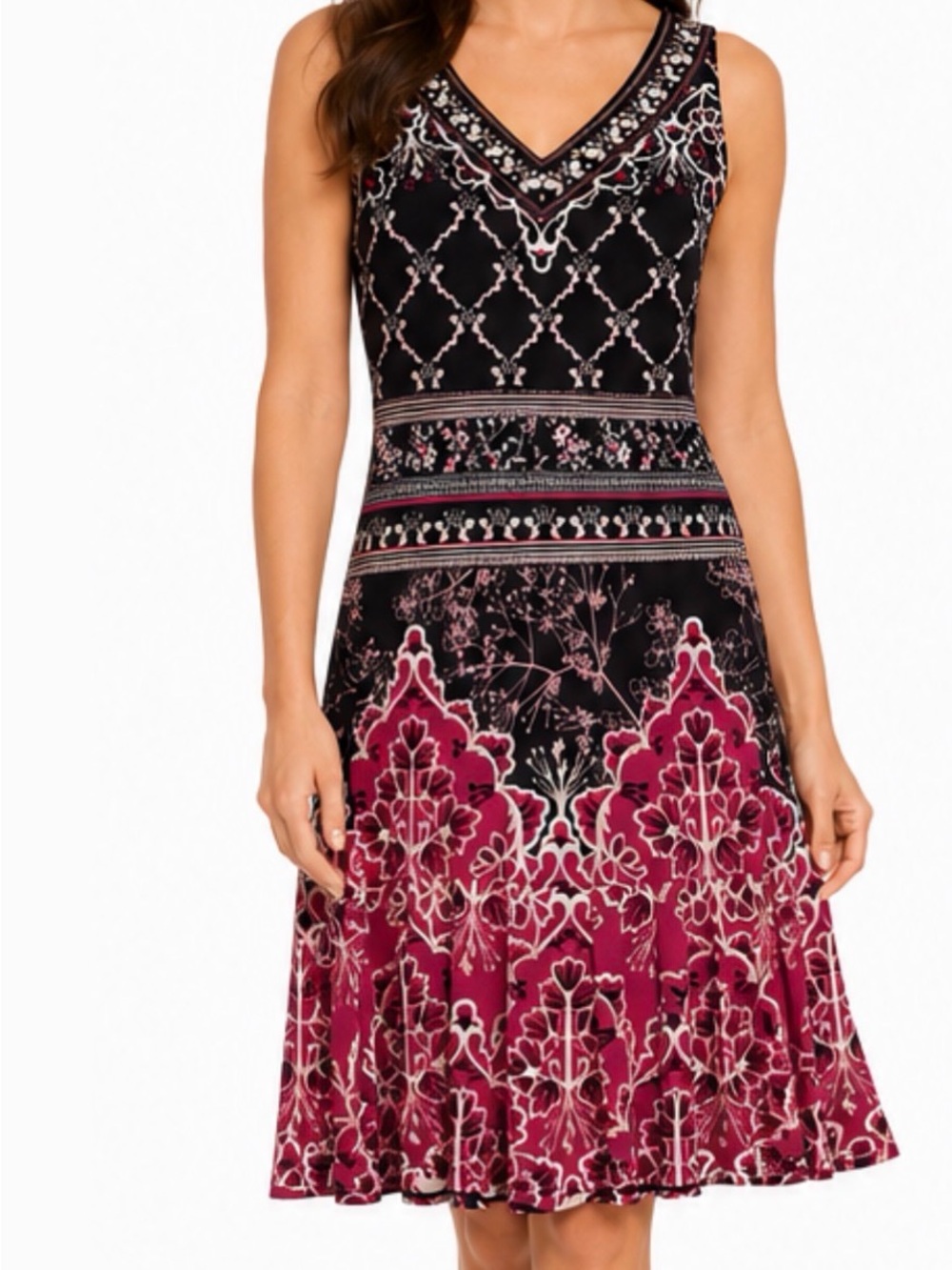 White House Black Market Black and Deep Pink V-Neck Sleeveless Midi Dress